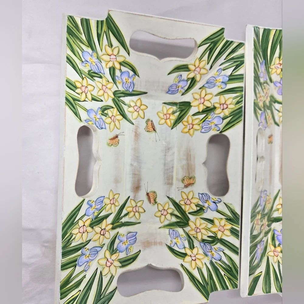 Wood Serving Trays Nesting Set Of 2 Handmade-Painted Trays Holders Decor Spring